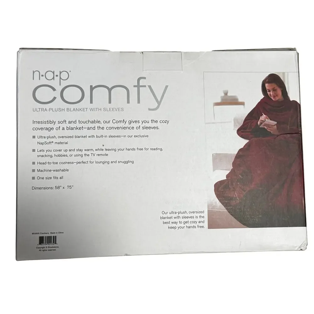 NIB Brookstone Cranberry Ultra Plush Blanket w/Sleeves Satin Trim Christmas gift